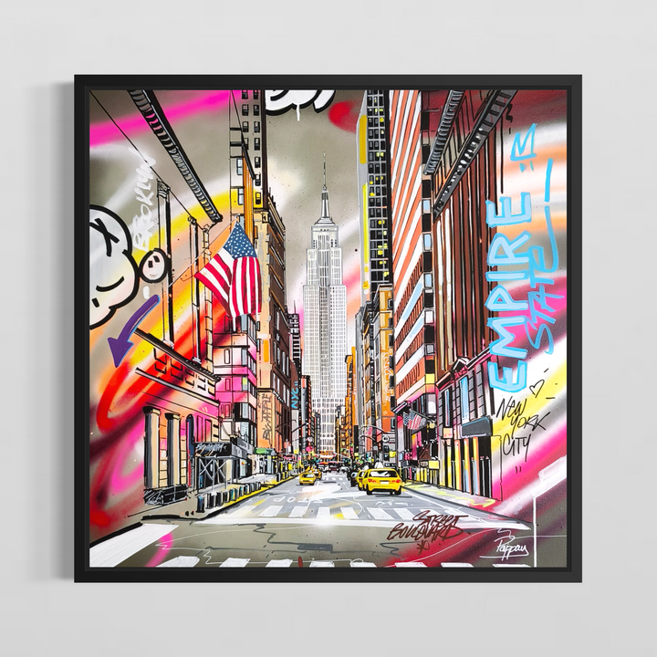 Framed "Empire State of America" acrylic graffiti painting by Pappay shown against a plain white wall, front view