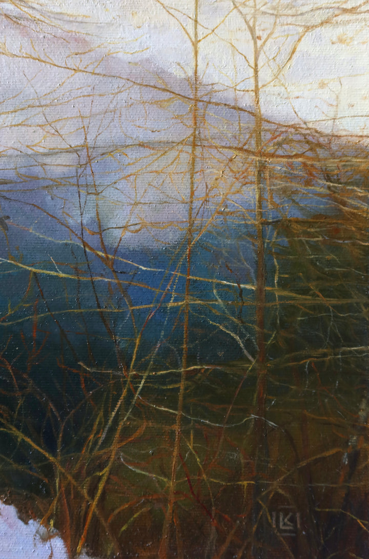 winter lake landscape with trees and fox in foreground realism nature woods oil painting 