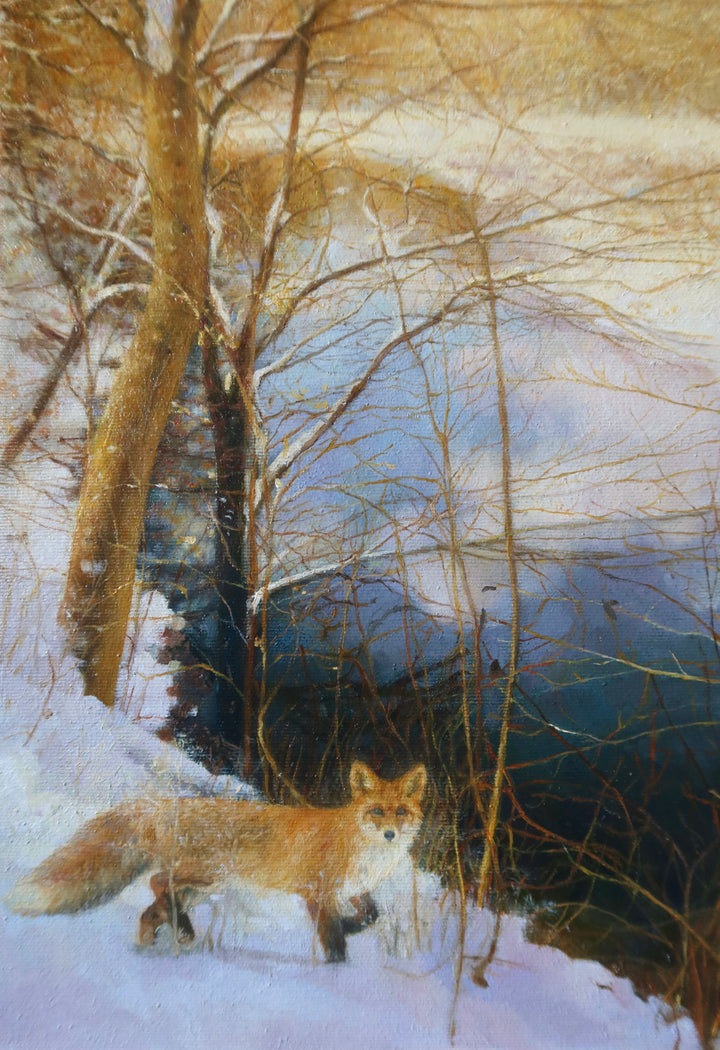 winter lake landscape with trees and fox in foreground realism nature woods oil painting 