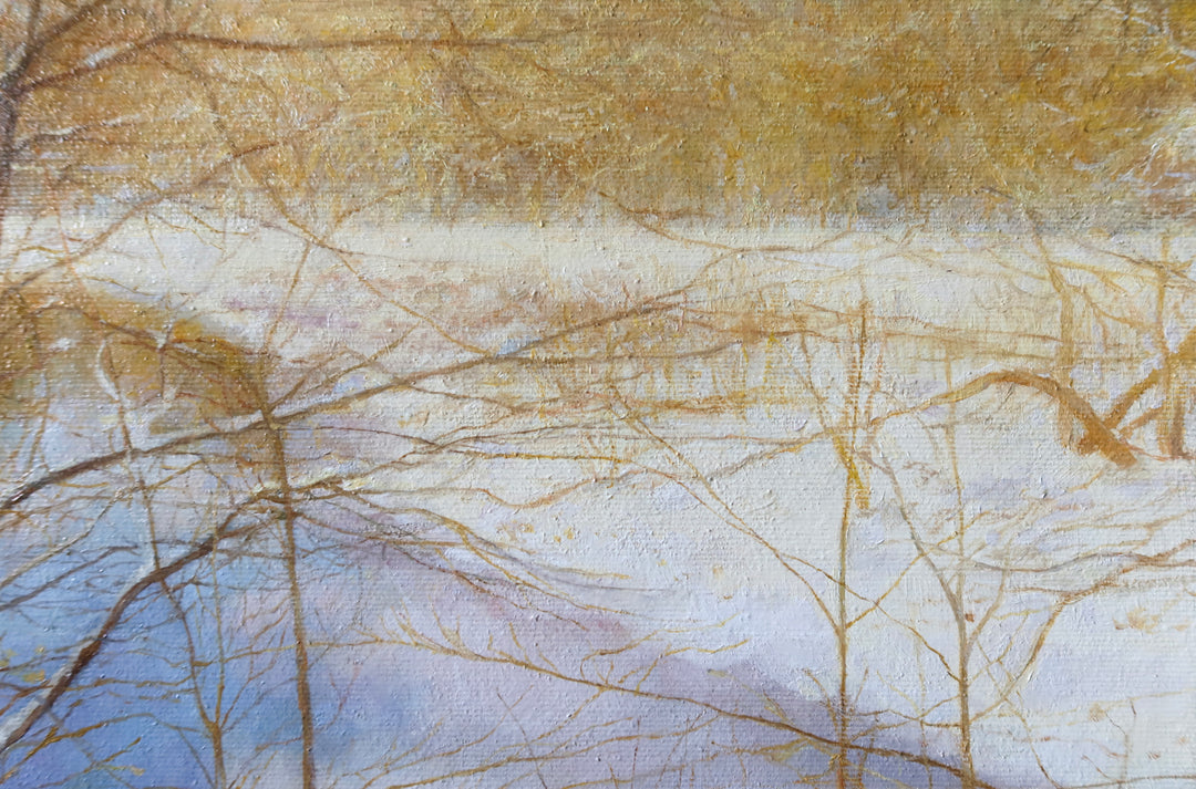 winter lake landscape with trees and fox in foreground realism nature woods oil painting 