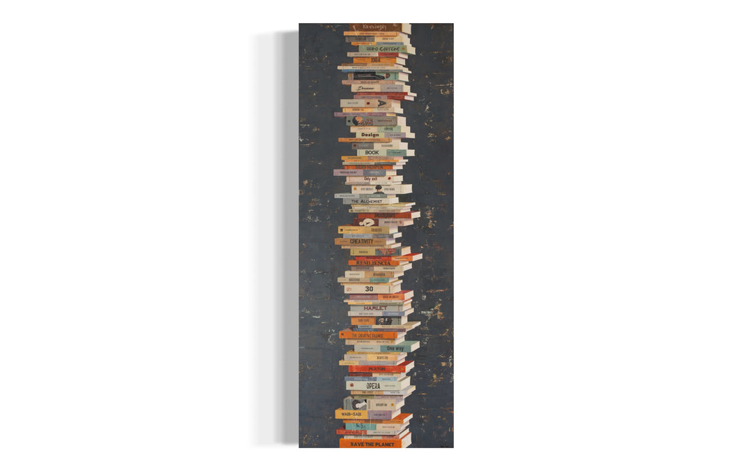 Equilibrium IV, artwork by Tomasa Martín, 29" x 77". Oil and acrylic on linen, vertical painting of stacked books on a charcoal gray background.