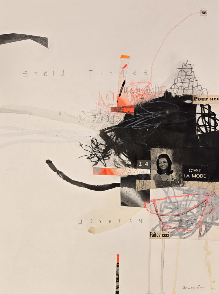 Abstract mixed media artwork on paper by Laurent Dorchin in black, pink and white. Organic linework and minimal illustrations with collage and text elements.