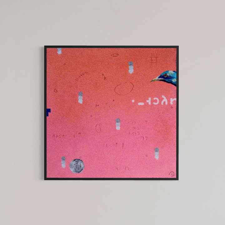 Bob Landstrom, Ethosien, pigmented volcanic rock and acrylic on canvas, 36 x 36 inches. Coral pink background with scattered small white and gray marks, handwritten symbols, an iridescent blue bird head at the right edge, and a gray circle at lower left, shown in a black frame on a light gray wall.