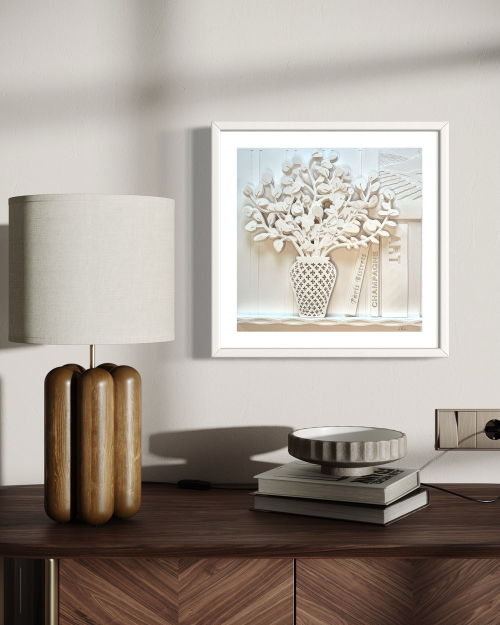 14"x14" layered white paper forming a vase with a eucalyptus over a wall.  