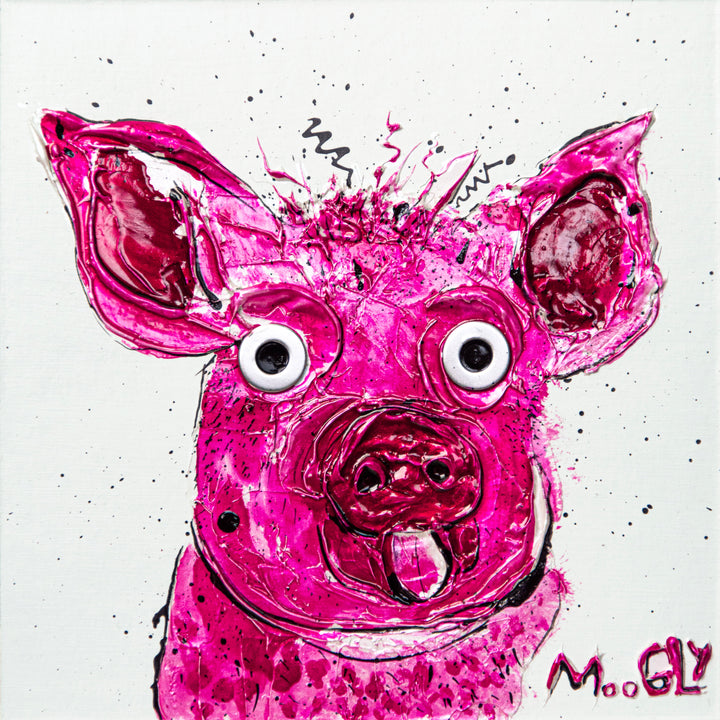 pig expressionist painted splatter in pink on white background