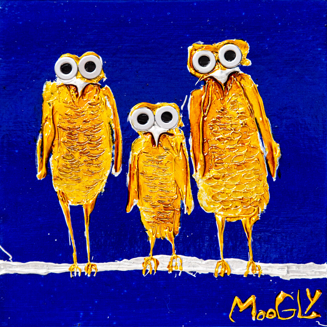 three yellow startled birds standing on branch with big expressionist eyes on blue background