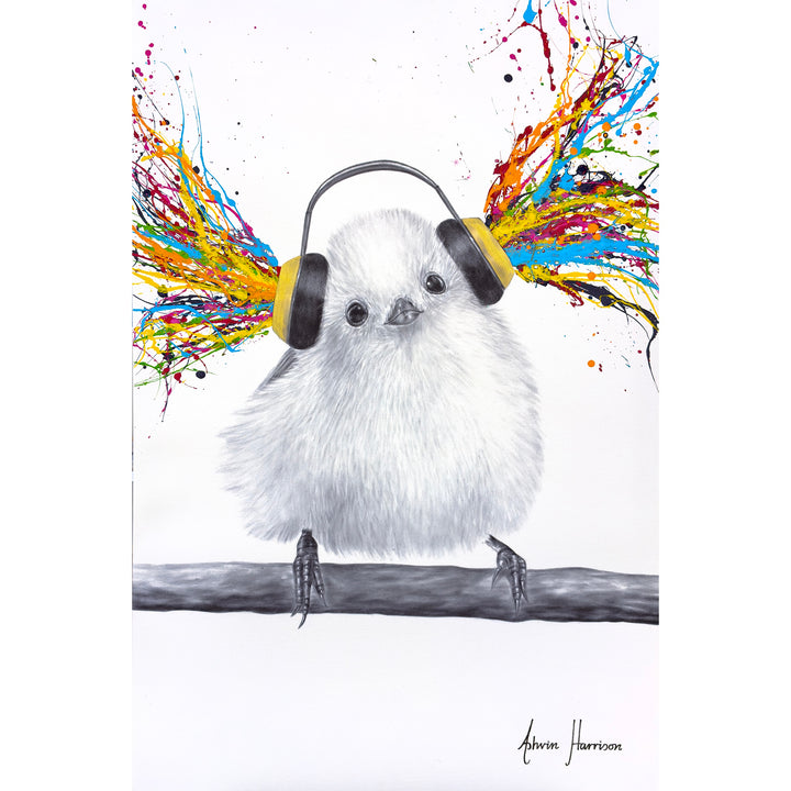 fluffy white bird in black and white listening to music with headphones on, and splattered rainbow paint around it