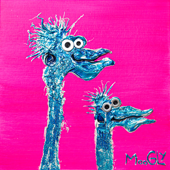 two long necked bird profile view shiny resin expressionist acrylic resin in blue on pink background