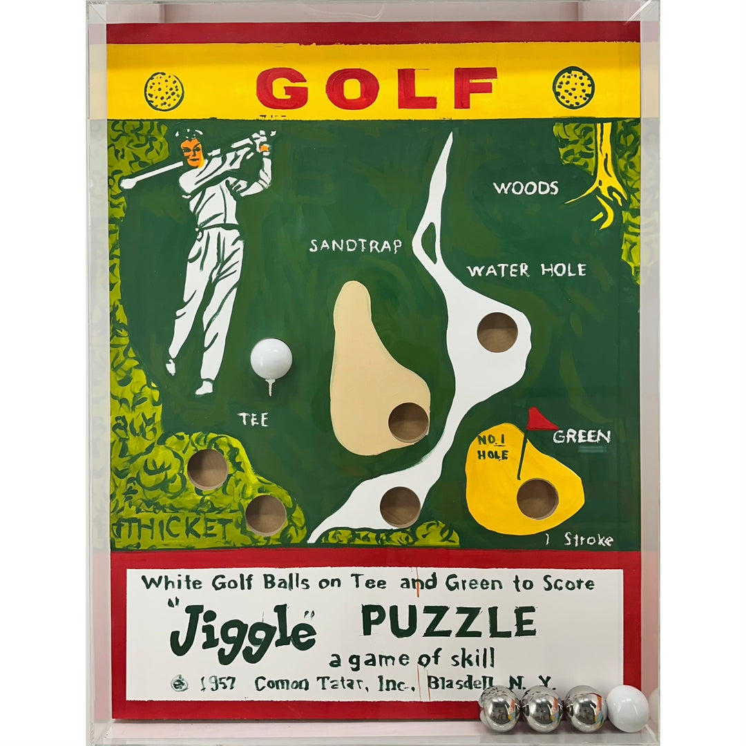 Graphic vintage nostalgic jiggle puzzle game with balls green golfing with hitting figure golf map tee. and holes in acrylic and plexiglass frame