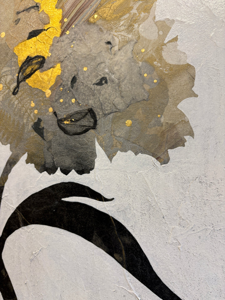 "Floral Profile" by Christopher Peter — a mixed-media collage painting on canvas depicting an elegant botanical stem of layered flowers crafted from gold leaf and marbled paper against a soft plaster-textured ivory background. Original contemporary mixed-media gold leaf botanical floral painting on canvas available at Morton Contemporary gallery.