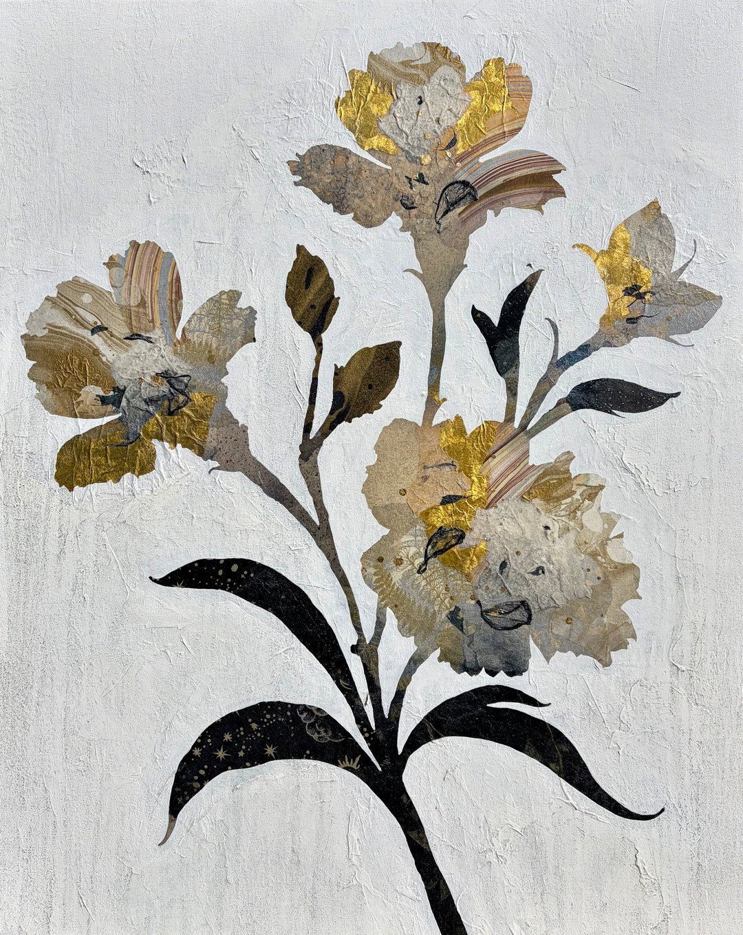 "Floral Profile" by Christopher Peter — a mixed-media collage painting on canvas depicting an elegant botanical stem of layered flowers crafted from gold leaf and marbled paper against a soft plaster-textured ivory background. Original contemporary mixed-media gold leaf botanical floral painting on canvas available at Morton Contemporary gallery.