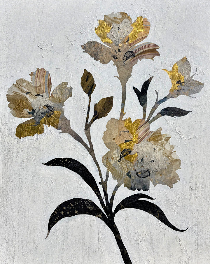 "Floral Profile" by Christopher Peter — a mixed-media collage painting on canvas depicting an elegant botanical stem of layered flowers crafted from gold leaf and marbled paper against a soft plaster-textured ivory background. Original contemporary mixed-media gold leaf botanical floral painting on canvas available at Morton Contemporary gallery.