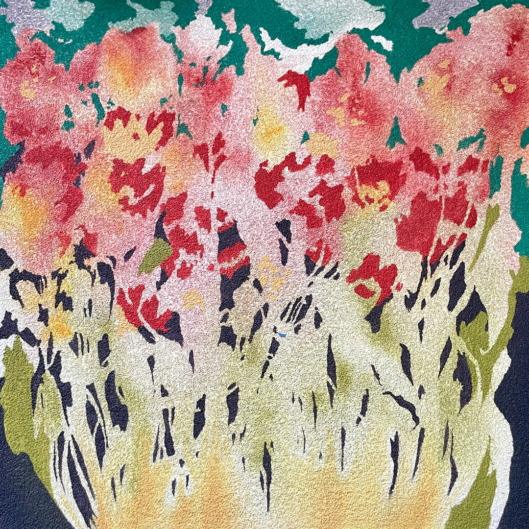 abstract flowers floaral shapes in pinks and reds with blue background and green leaves