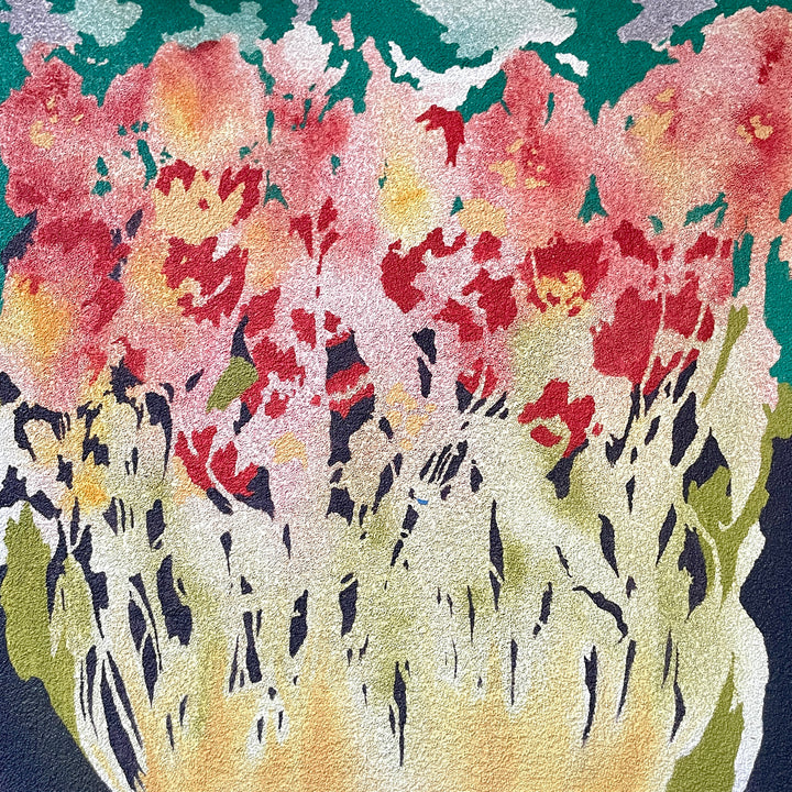 abstract flowers floaral shapes in pinks and reds with blue background and green leaves