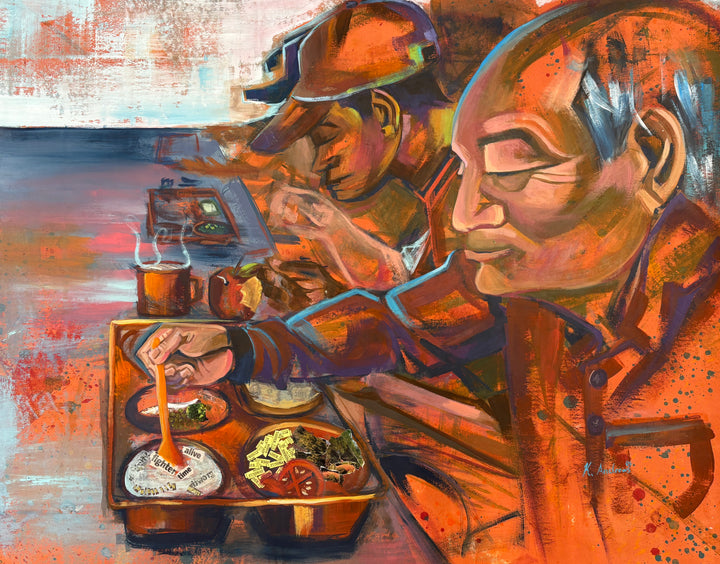 figure prison men eating food in orange jumpsuits cafeteria collage mixed media painting by keith andrews