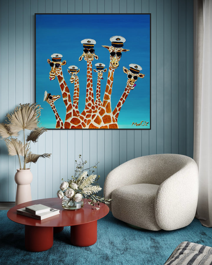 60" x 60" acrylic on canvas painting of giraffes with hats and sunglasses over a blue gradient background. 