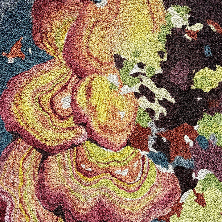 abstract textured blocks of color, gradient striped organic shapes in pink purple yellow and green with blue background oil on pumice 