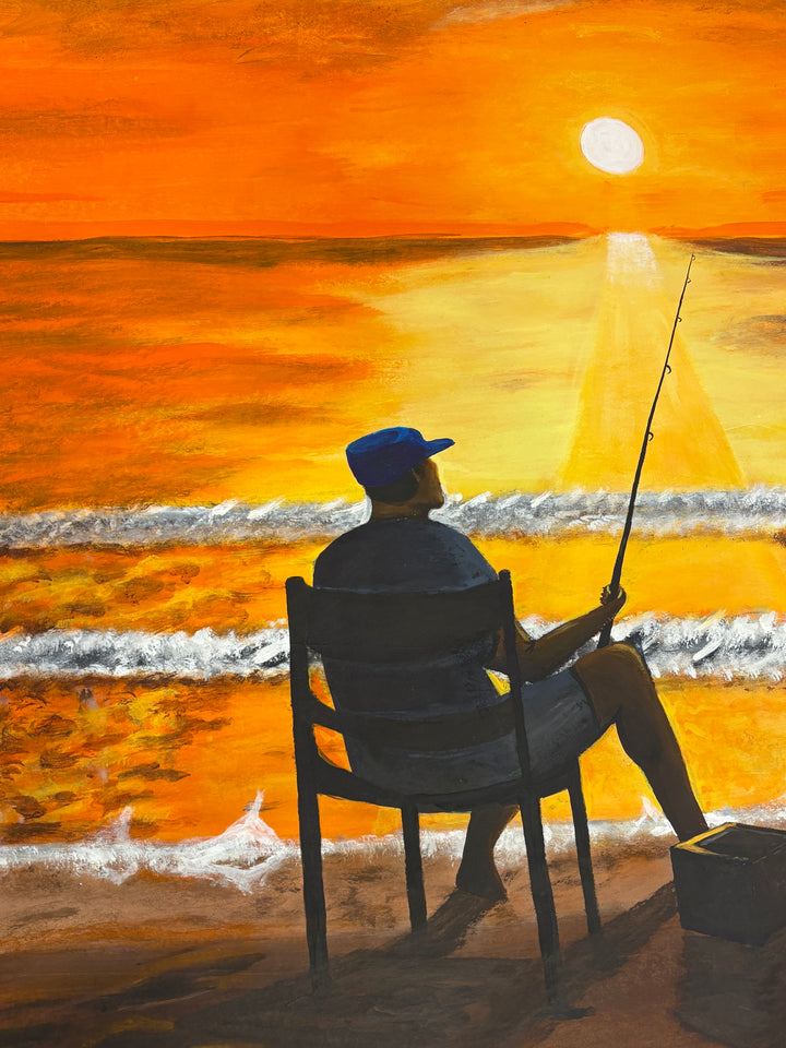 Sunset gradient man fishing ocean painting silhouette figurative orang and yellow