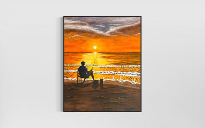 Sunset gradient man fishing ocean painting silhouette figurative orang and yellow