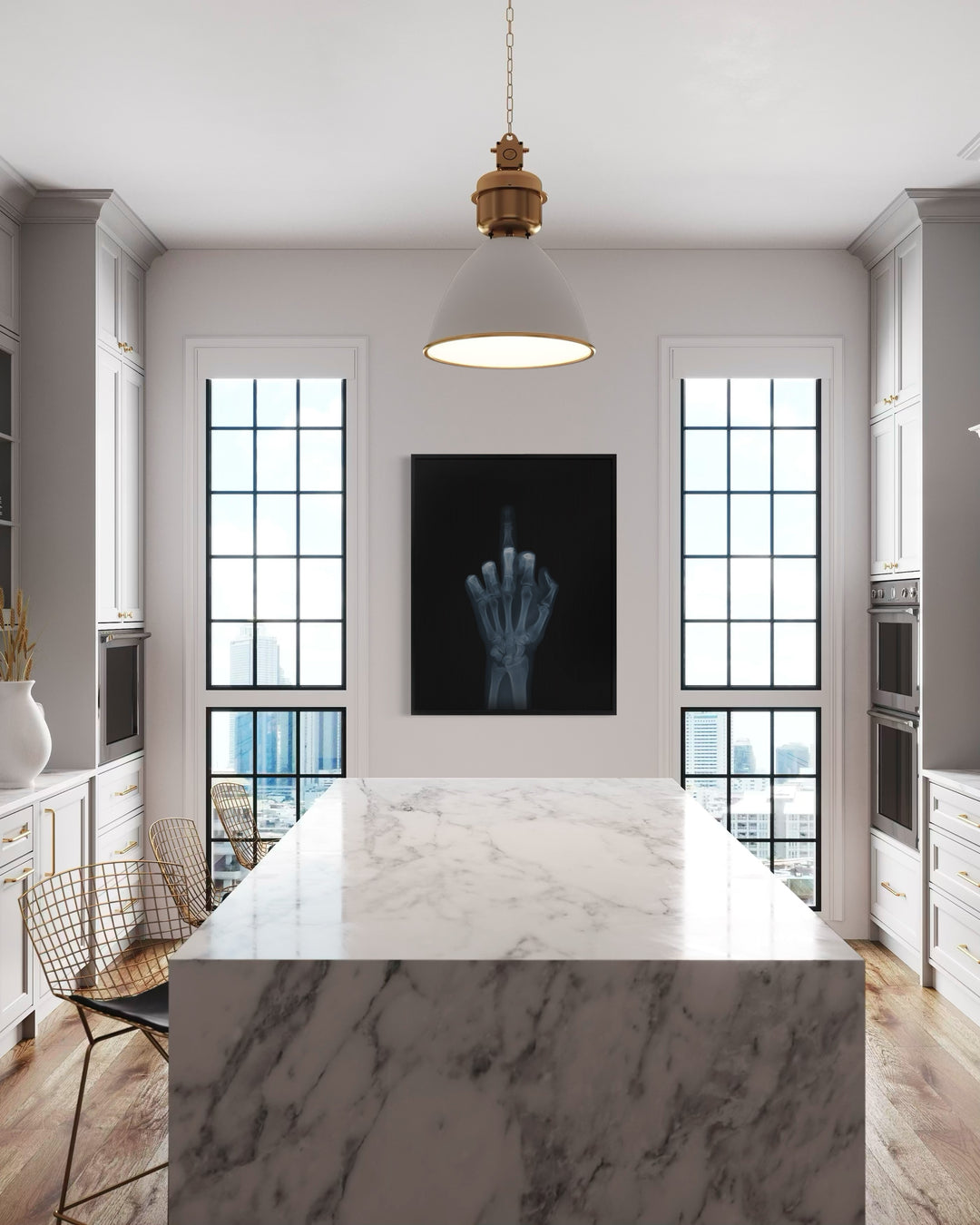 Framed Lenticular black and white x-ray photograph by Nick Veasey of a skeletal hand flipping the bird to the camera, middle finger is moving up and down 