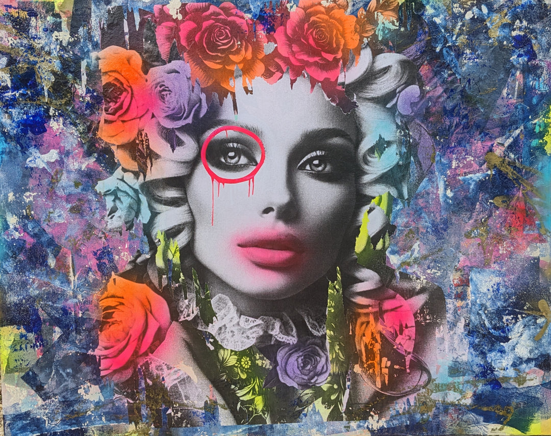 60"W x 48"H Acrylic paint, spray paint, wheat-paste, vintage advertisements, printed fragments on canvas. Woman&
