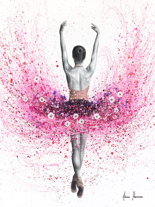 pink splatter expressionist painting tutu ballerina with white flowers black and white realism figure on white background