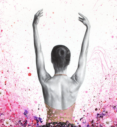 pink splatter expressionist painting tutu ballerina with white flowers black and white realism figure on white background