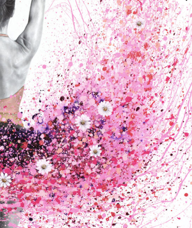 pink splatter expressionist painting tutu ballerina with white flowers black and white realism figure on white background