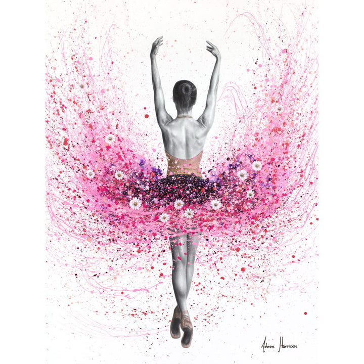 pink splatter expressionist painting tutu ballerina with white flowers black and white realism figure on white background
