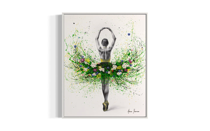 black and white ballerina dancer with arms up and green paint splatter tutu with flowers in blue pink and white on white background