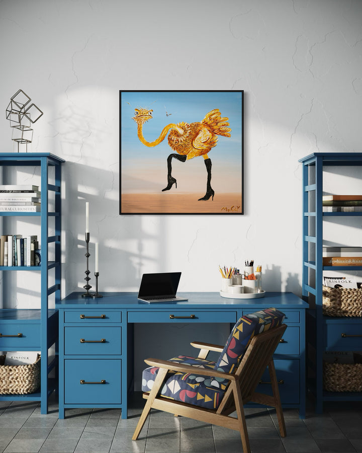 36" x 36" acrylic on canvas painting of an orange ostrich with boots and a little fly over a blue and beige background. Figures have washers for eyes. 