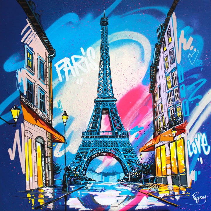 "From Paris with Love" by Pappay — a vibrant street art-inspired painting on canvas depicting the Eiffel Tower framed by a Parisian boulevard with glowing cafés and street lamps, surrounded by explosive blue, pink, and white graffiti lettering reading "Paris" and "Love" against a deep cobalt sky. A bold, romantic celebration of Paris. Original contemporary Paris Eiffel Tower street art pop art painting on canvas available at Morton Contemporary gallery.