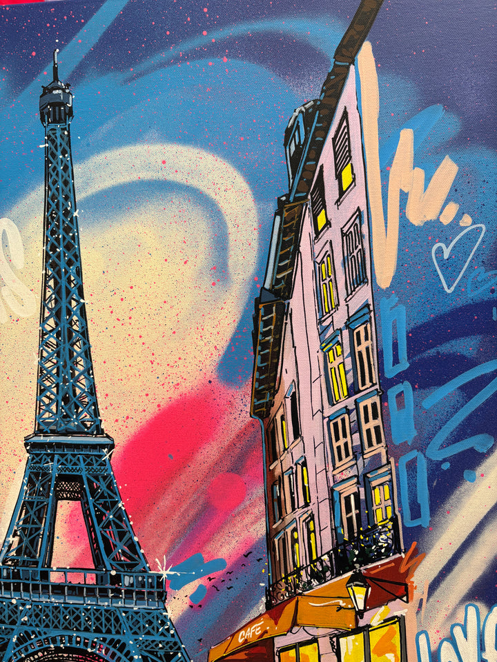 Paris France Eiffel tower street sidewalks acrylic graffiti street style illustration on blue background