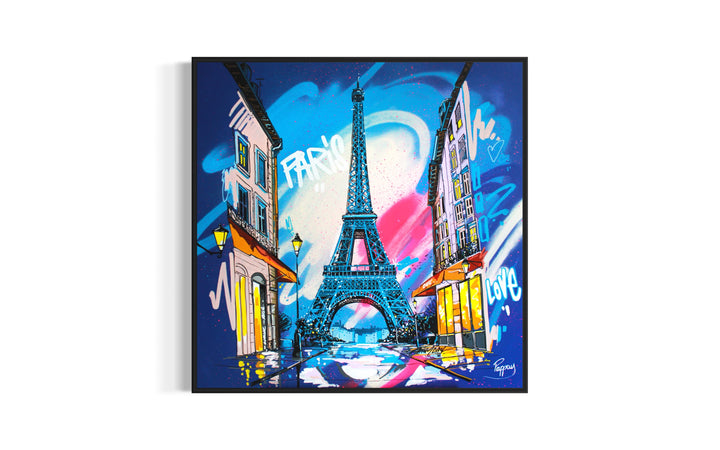 "From Paris with Love" by Pappay — a vibrant street art-inspired painting on canvas depicting the Eiffel Tower framed by a Parisian boulevard with glowing cafés and street lamps, surrounded by explosive blue, pink, and white graffiti lettering reading "Paris" and "Love" against a deep cobalt sky. A bold, romantic celebration of Paris. Original contemporary Paris Eiffel Tower street art pop art painting on canvas available at Morton Contemporary gallery.