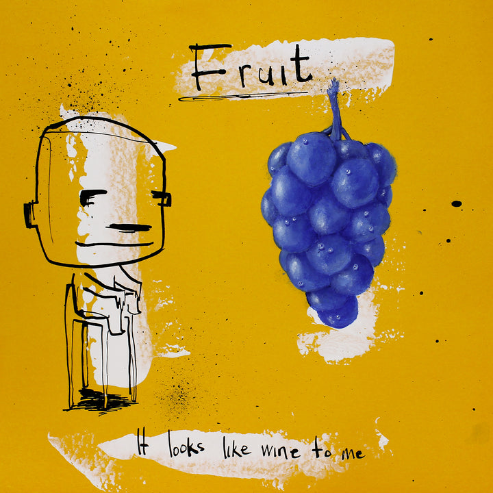 illustrative doodle ink drawing realistic blue and yellow with text comic satire humor