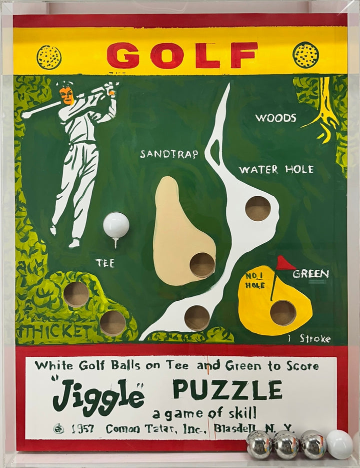 Graphic vintage nostalgic jiggle puzzle game with balls green golfing with hitting figure golf map tee. and holes in acrylic and plexiglass frame