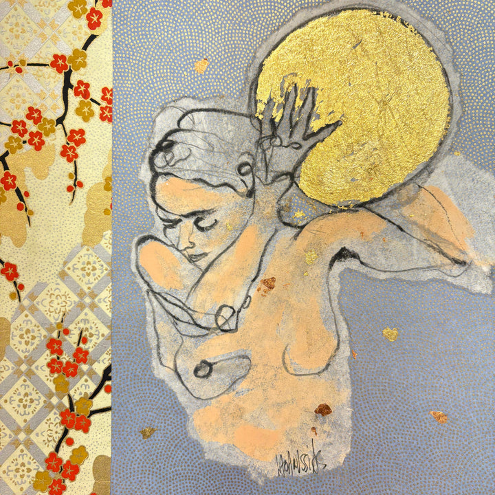 nude figure abstract sketch holding round ball on shoulder gold foil with Japanese paper collage 
