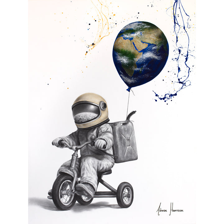‘Gallon Galaxy’ by Ashvin Harrison is a contemporary surrealist painting depicting a childlike astronaut riding a tricycle while carrying a fuel canister backpack and holding a balloon shaped like planet Earth. Rendered in coconut charcoal dust and acrylic on canvas, the artwork combines detailed monochromatic realism with vibrant cosmic color, expressive paint splatter techniques, and whimsical sci-fi imagery to evoke imagination, adventure, and environmental symbolism.