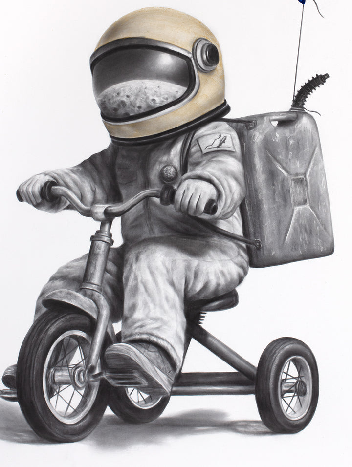 ‘Gallon Galaxy’ by Ashvin Harrison is a contemporary surrealist painting depicting a childlike astronaut riding a tricycle while carrying a fuel canister backpack and holding a balloon shaped like planet Earth. Rendered in coconut charcoal dust and acrylic on canvas, the artwork combines detailed monochromatic realism with vibrant cosmic color, expressive paint splatter techniques, and whimsical sci-fi imagery to evoke imagination, adventure, and environmental symbolism.