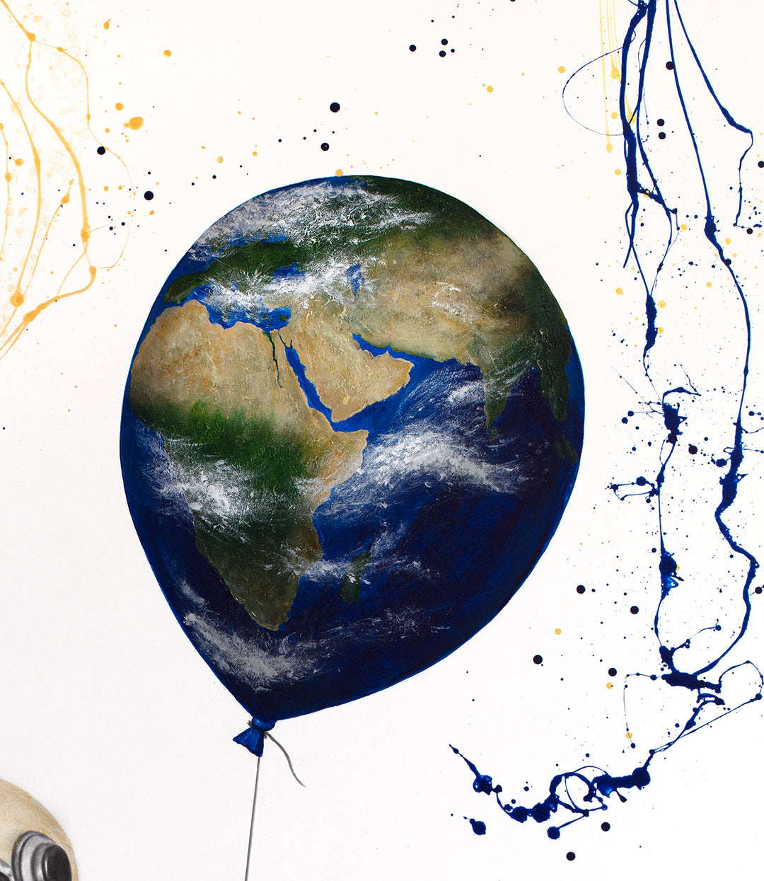 ‘Gallon Galaxy’ by Ashvin Harrison is a contemporary surrealist painting depicting a childlike astronaut riding a tricycle while carrying a fuel canister backpack and holding a balloon shaped like planet Earth. Rendered in coconut charcoal dust and acrylic on canvas, the artwork combines detailed monochromatic realism with vibrant cosmic color, expressive paint splatter techniques, and whimsical sci-fi imagery to evoke imagination, adventure, and environmental symbolism.