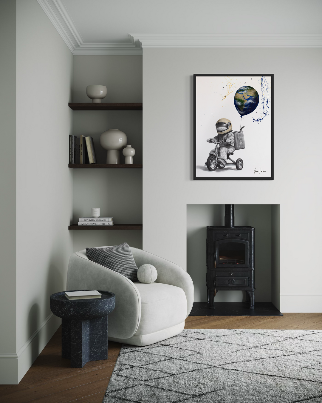 ‘Gallon Galaxy’ by Ashvin Harrison is a contemporary surrealist painting depicting a childlike astronaut riding a tricycle while carrying a fuel canister backpack and holding a balloon shaped like planet Earth. Rendered in coconut charcoal dust and acrylic on canvas, the artwork combines detailed monochromatic realism with vibrant cosmic color, expressive paint splatter techniques, and whimsical sci-fi imagery to evoke imagination, adventure, and environmental symbolism.