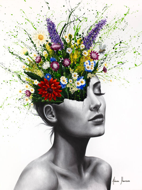 woman figure head cracking vase flowers bouquet splatter expressionism paint giclee black and white realism on white background