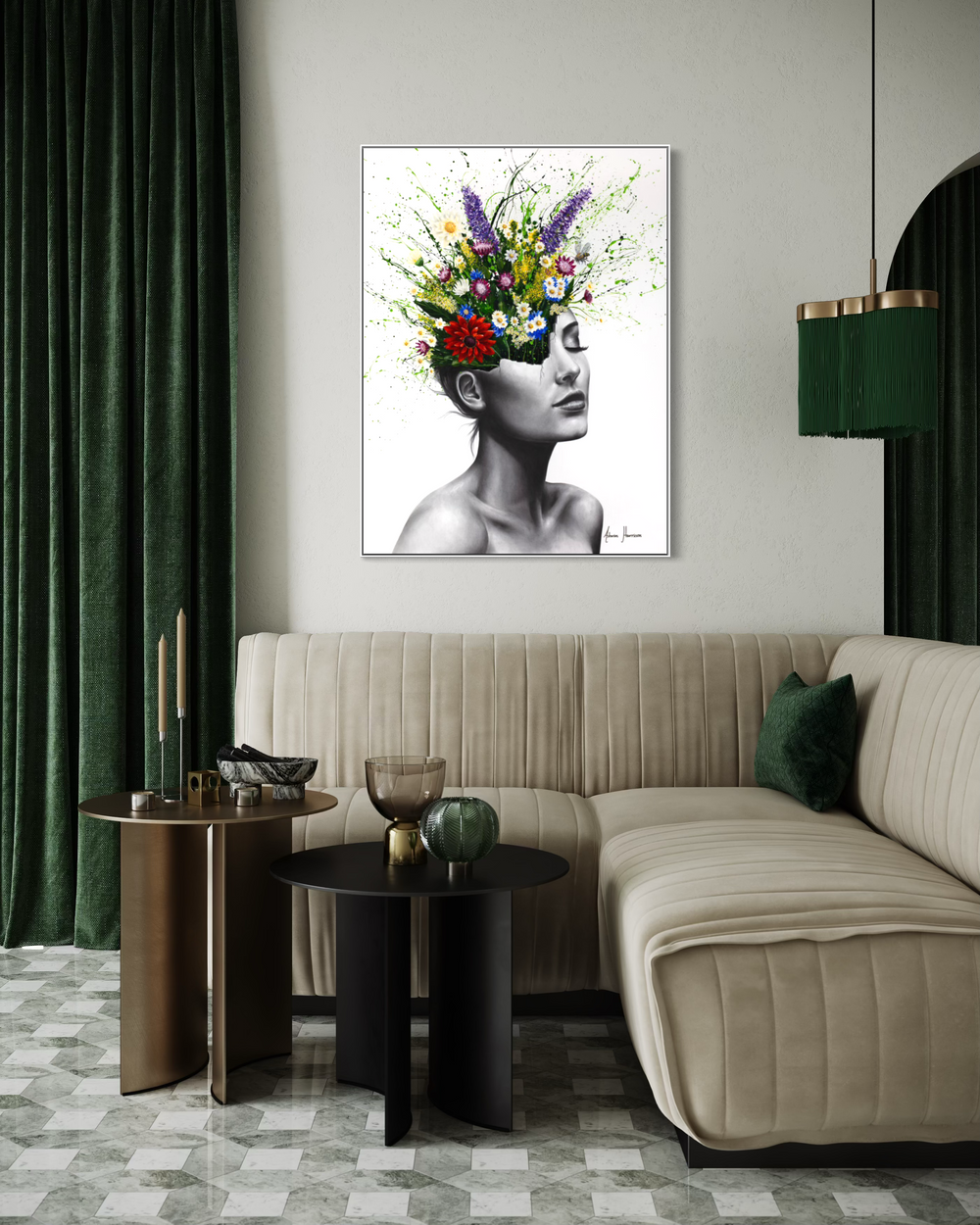 woman figure head cracking vase flowers bouquet splatter expressionism paint giclee black and white realism on white background