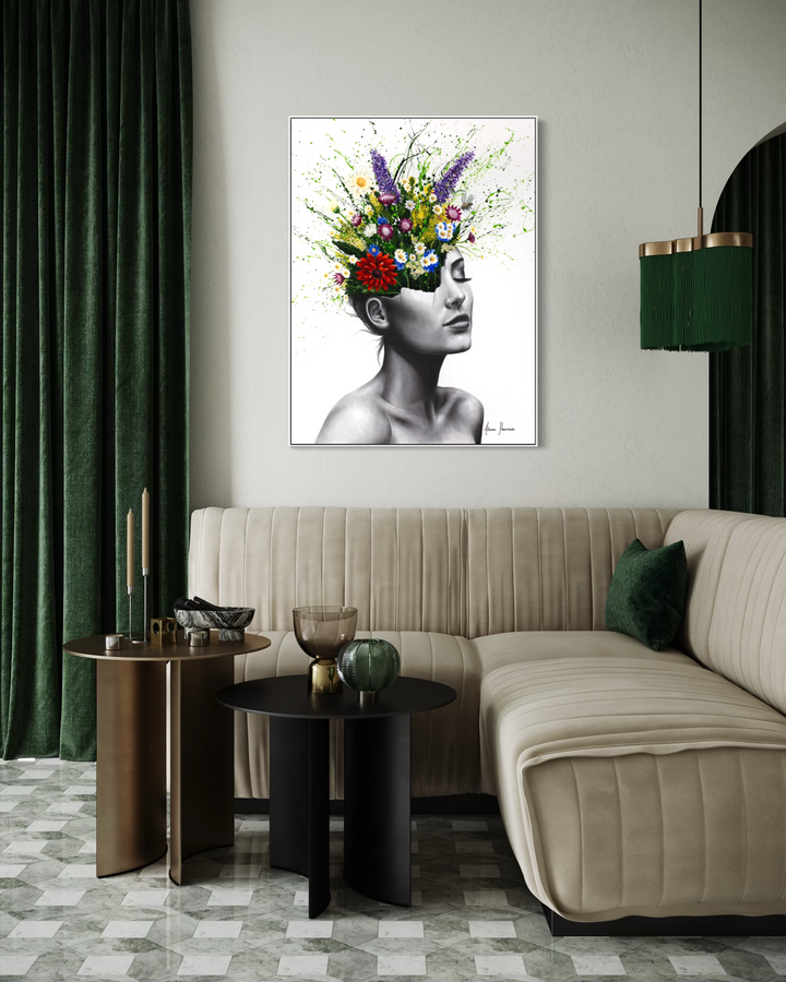 woman figure head cracking vase flowers bouquet splatter expressionism paint giclee black and white realism on white background