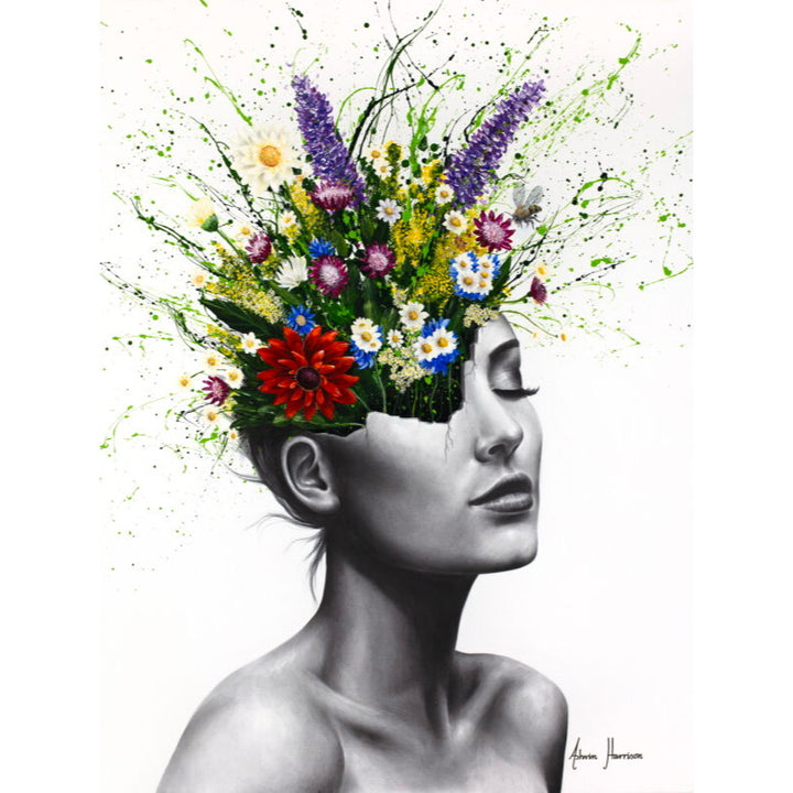 woman figure head cracking vase flowers bouquet splatter expressionism paint giclee black and white realism on white background