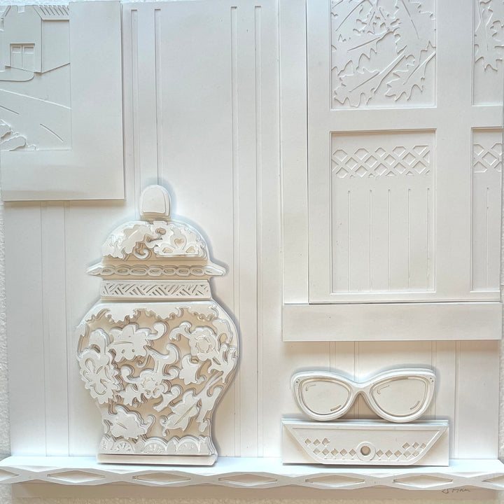 14 x 14 cut paper collage ginger cookie jar and glass in white paper layered artwork
