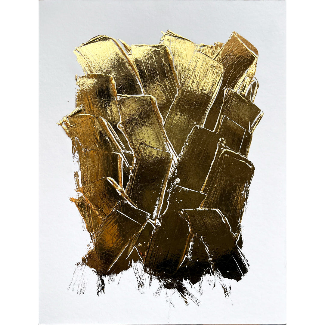 Golden Texture No. 395 by M. Clark, thick gold brush strokes on white background, gold foil artwork, abstract