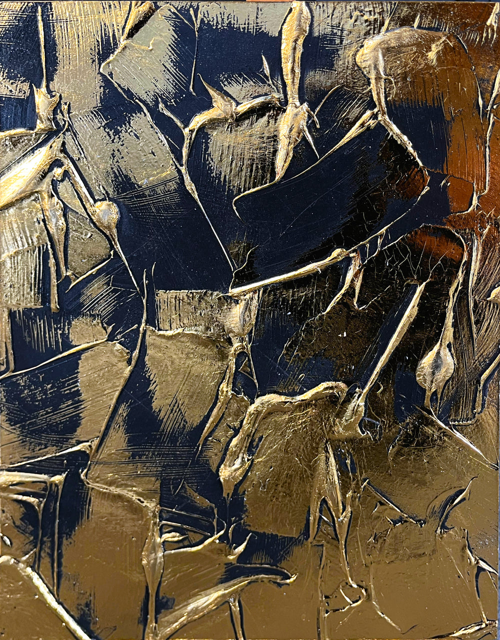 Golden Texture No. 385 by M. Clark, thick gold brush strokes on black background, gold foil artwork, abstract