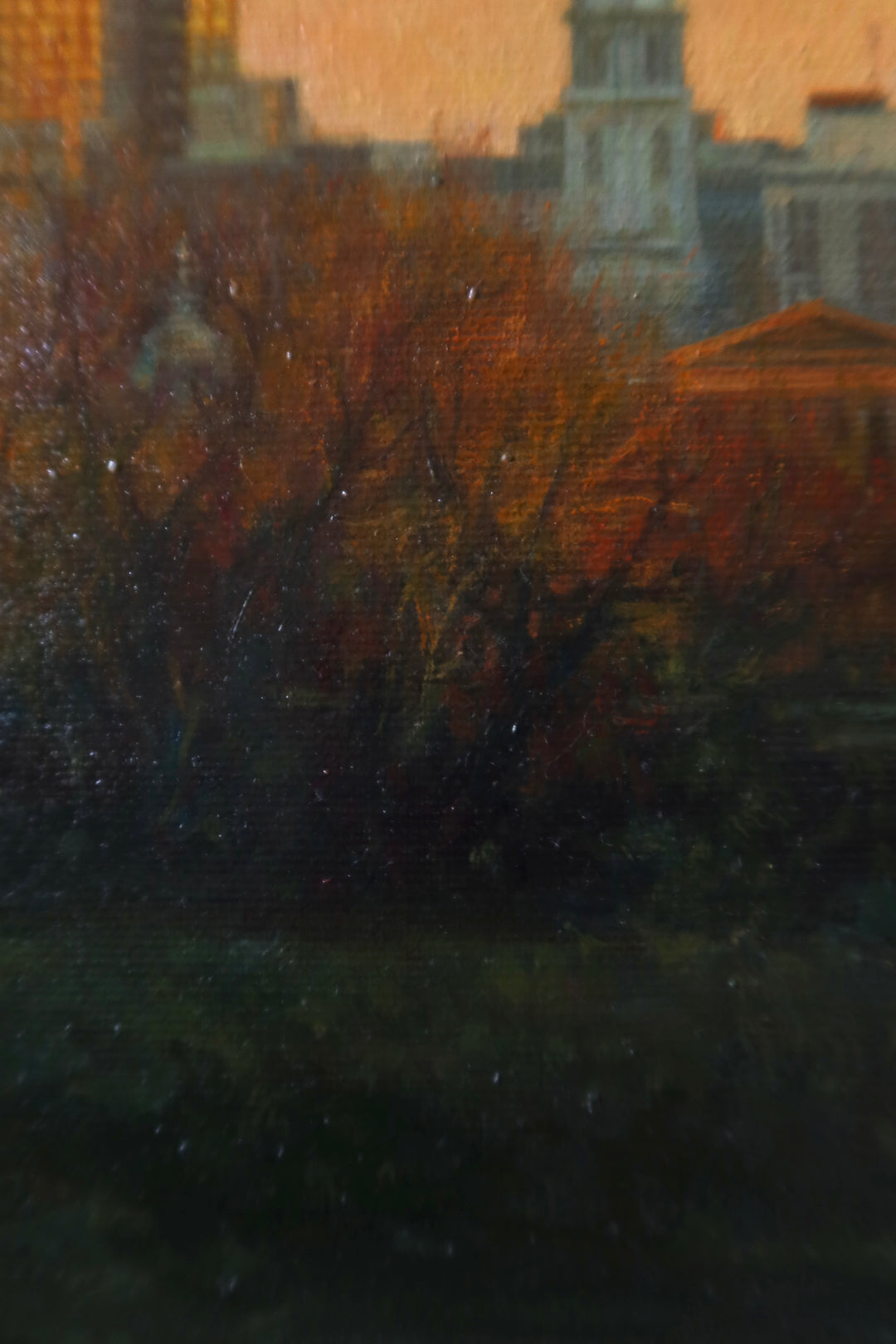 Philadelphia downtown skyscraper city skyline buildings landscape golden hour orange and yellow reflective tones in oil paint
