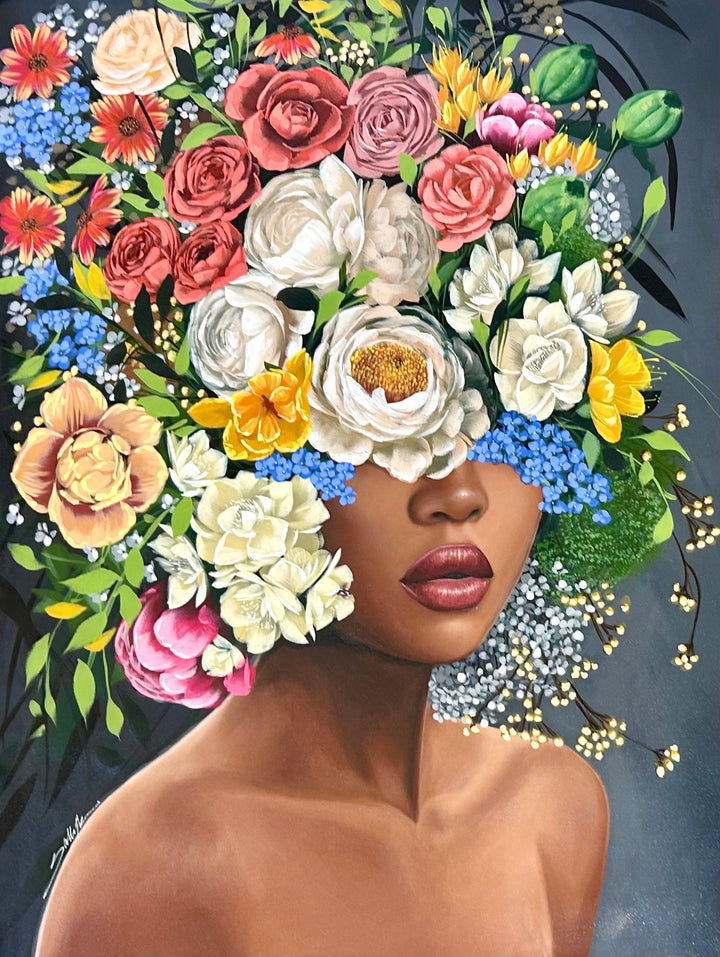 Grace by Sally K. acrylic on canvas painting of a woman with flowers surrounding her face, dark grey foreground, white, green, pink and yellow flowers. 